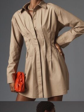 Anthropologie Pilcro Pintuck Long Sleeve Mini Shirt Dress Khaki